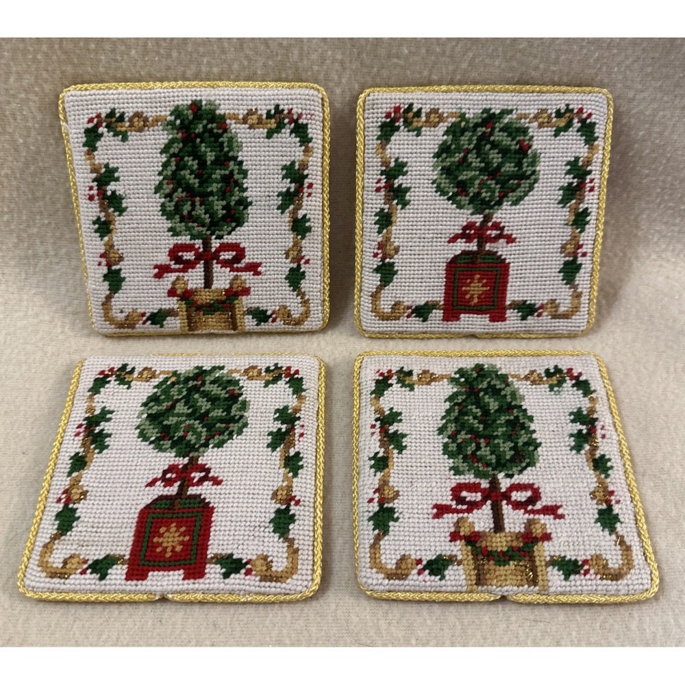 Vintage Christmas Tree Needlepoint Coasters Set of 4 Gold Thread Trim w/ Box